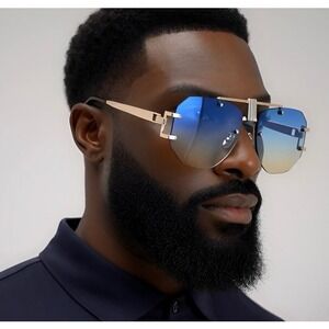 Men Blue Yellow Square Sunglasses Gorgeous Classy Oversized Exaggerated Modern